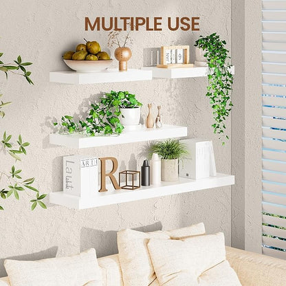 Heimlove 36 Inch Floating Shelves for Wall White Shelves Set of 2,Wall Mounted Rustic Wood 8 Inch Deep Floating Shelf with Invisible Brackets for Bedroom Kitchen Living Room