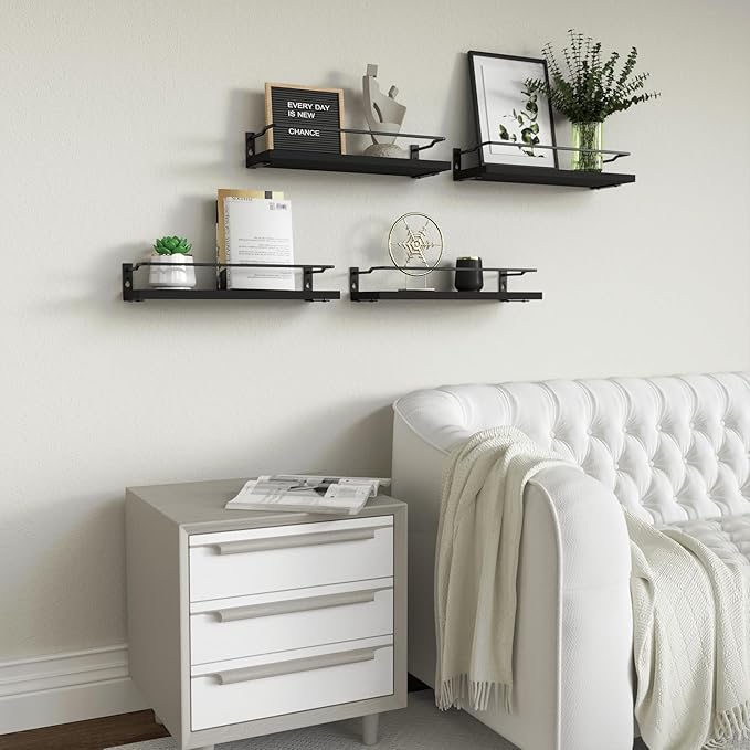 RICHER HOUSE Bathroom Floating Shelves with Guardrail, Set of 4 Rustic Wall Mounted Storage Shelves, Over Toilet - Black