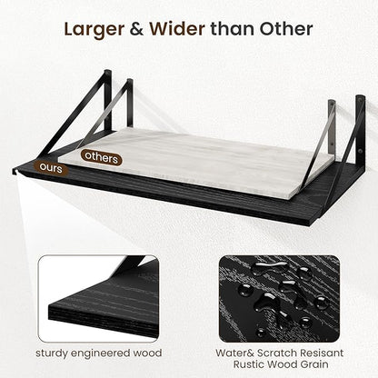 Fun Memories Floating Shelves for Wall, 12 Inch Deep Floating Shelves Set of 2, 55W x 12D Large Wall Shelf with Sturdy Metal Brackets for Living Room, Bathroom, Bedroom and Kitchen, Black