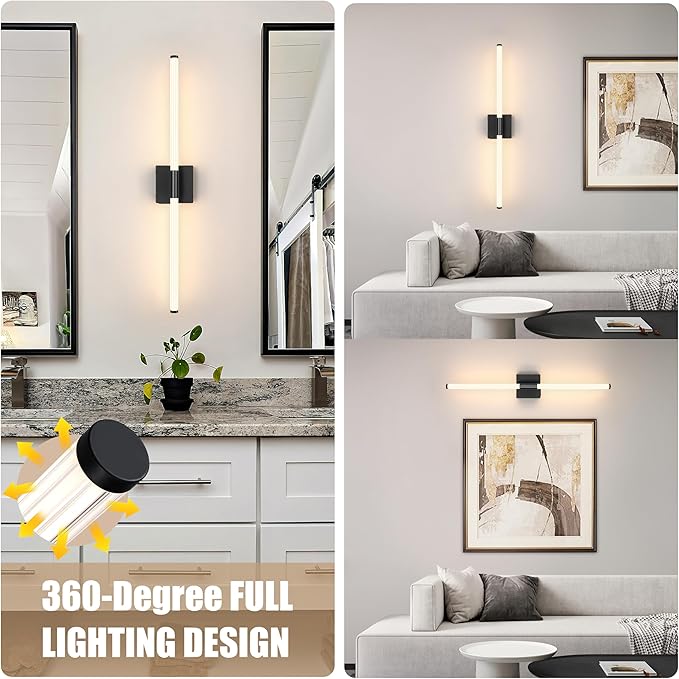 32 Inch Battery Operated Wall Sconces Set of 2, Black Dimmable Rechargeable Wall Sconces with Remote, 3 Color 360° Lighting Sconce, Modern LED Wireless Wall Light for Bedroom, Living Room