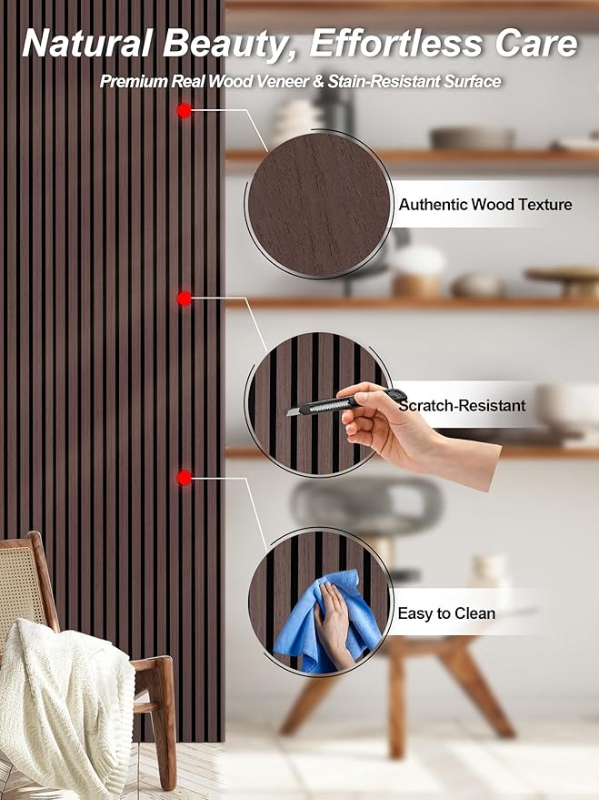 Mollywell Wood Panels for Wall, Time-Saving Installation, Versatile Wood Slat Wall Decor, Enhanced Acoustic & Sound Proof Fluted Design for Home & Office, 2 Pcs Dark Walnut, 47.2x23.6 Inch
