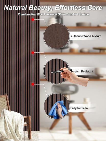 Mollywell Wood Panels for Wall, Time-Saving Installation, Versatile Wood Slat Wall Decor, Enhanced Acoustic & Sound Proof Fluted Design for Home & Office, 2 Pcs Dark Walnut, 47.2x23.6 Inch