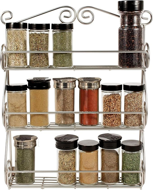 FitWell Scroll Wall Mount Spice Rack, 3-Tier, Traditional Spice Rack Cabinet & Kitchen, Beauty & Nail Polish Organizer for Bathroom, Scroll Wall-Mounted (Satin Nickel)