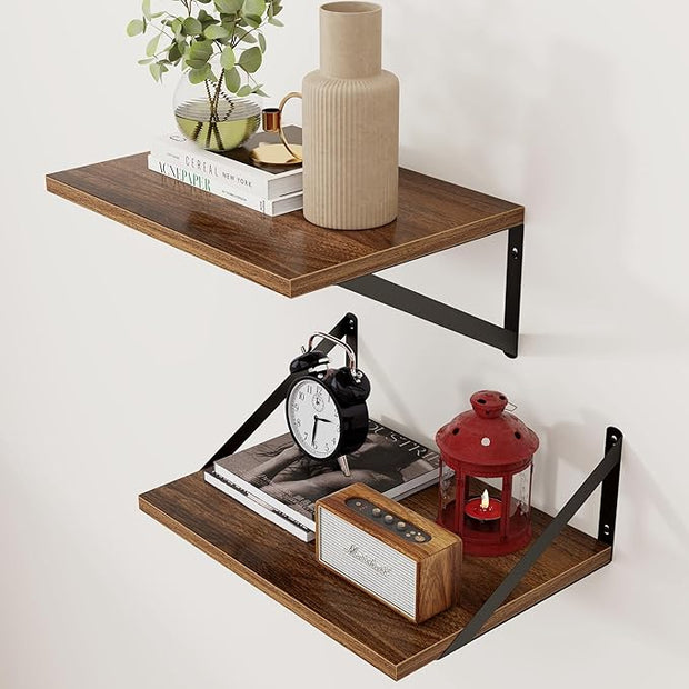 Axeman Deep Floating Shelves - 16 Inch Wide x 12 Inch Deep Walnut Wall Shelves Set of 2 - Rustic Wide Wood Wall Mounted Shelves for Room Decor & Storage