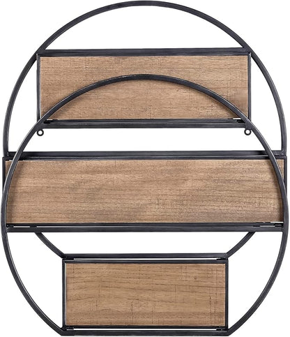 Industrial Style Semi-Circle Shaped Wall Shelves, 3 Tier Decorative Floating Ledge Shelves, Wall Mounted Metal Bracket Wooden Display Hanging Shelf