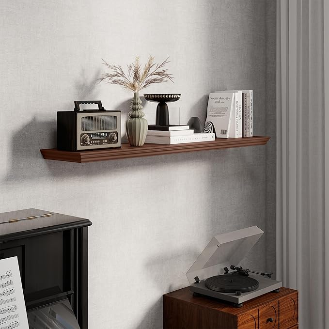 Fun Memories Floating Shelves 48 Inch Long, 9.3 Inch Deep Classic Crown Molding Floating Shelves for Wall, Rustic Wooden Shelves for Wall Decor Bathroom, Kitchen, Office, (Walnut, 1Pack)