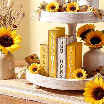 4 Pcs Summer Table Decoration Wooden Book Sunflower Decoration Yellow and White Summer Tiered Tray Decor Wood Book Sign Farmhouse for Home Shelf Coffee Table