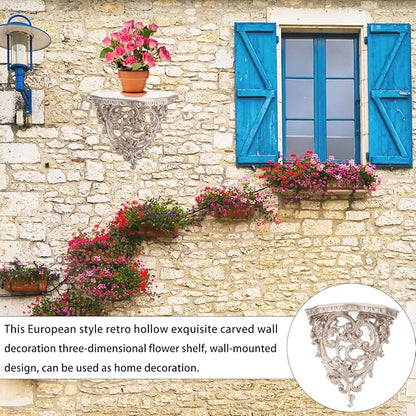 European-Style Resin Floating Wall Shelf, Vintage Hollow Carving Wall Decor, Gold Mounted Flower Shelf for Living Room, Kitchen, Bathroom, 8.07X7.48X4.05 Inch