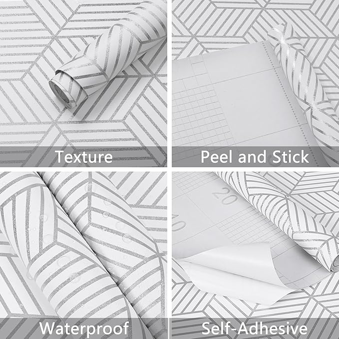 WENMER Geometric Hexagon Peel and Stick Wallpaper - 17.71 Inch x 118 Inch Silver Self-Adhesive Vinyl Film for Home Use