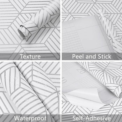 WENMER 17.7" x 1181" Geometric Hexagon Peel and Stick Wallpaper - Silver, Removable Self-Adhesive Vinyl Film for Home Use
