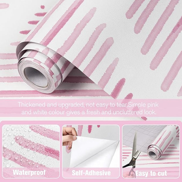 Modern White and Pink Peel and Stick Wallpaper Stripe Diamond Wallpaper Vinyl Waterproof Contact Paper Shelf Paper Drawer Liner Roll for Bedroom Living Room 17.7"x1200"
