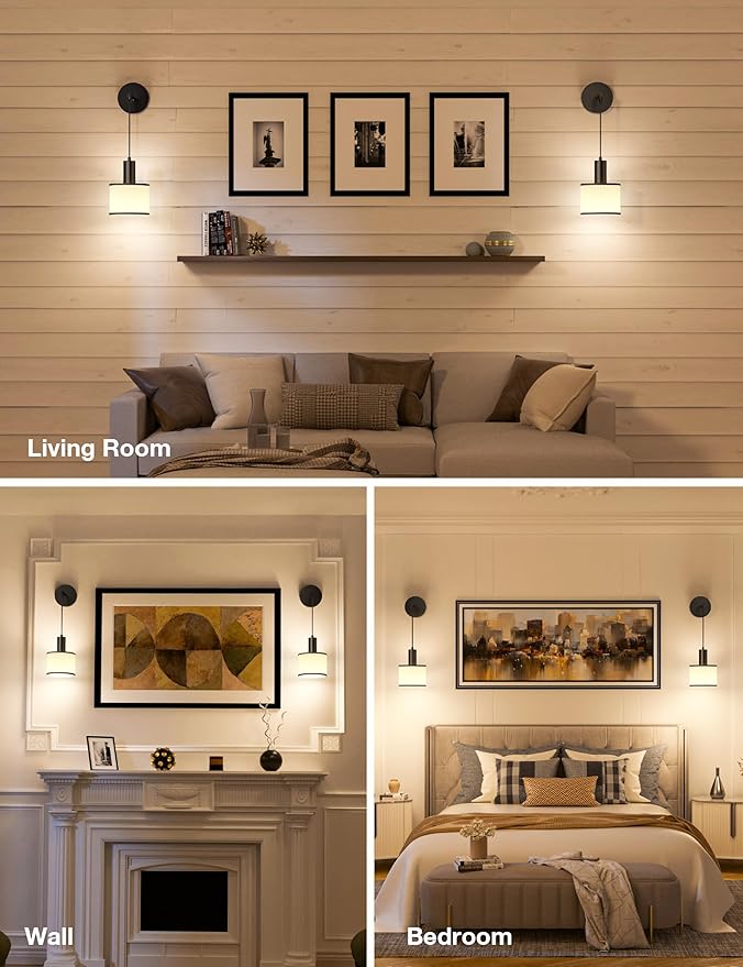 NIORSUN Battery Operated Wall Sconce Set of 2, Black&Off-White Wireless Rechargeable Wall Lights with 5200mAh Dimmable Detachable Bulbs and Remote, 9 Colors Sconces Wall Decor for Bedroom Living Room