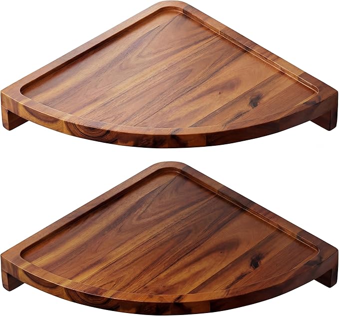 Demigo Floating Round Corner Shelves for Wall 2pcs - Acacia Wood Wall-Mounted Storage Shelves for Home Decor, Space Saving Displays for Living Room, Kitchen, Office, and Bedroom (Natural Brown)