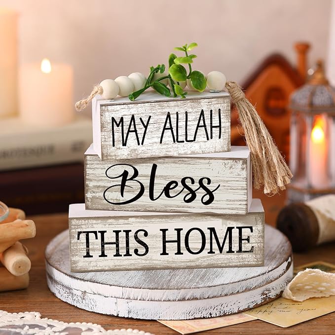 5 Pcs Islamic Table Decor Farmhouse Eid Ramadan Tiered Tray Decor White Stacked Books with Wood Bead Tassels Eucalyptus Leaves Eid Ramadan Block Signs Islamic Decoration for Home Kitchen