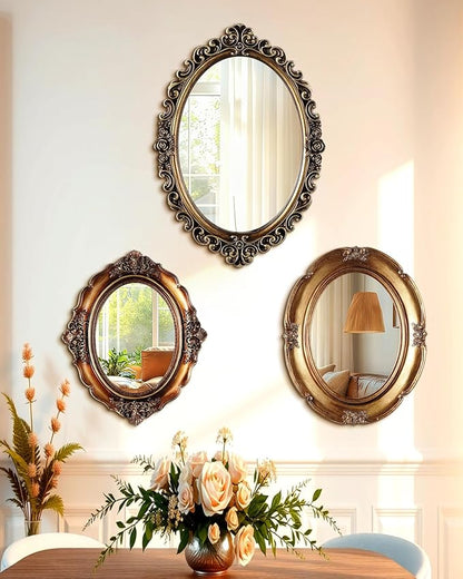 3 Styles Vintage Gold Mirror Set Wall Decorative, Vintage Wall Mirror Antique Hanging and Tabletop with Stand for Living Room Bedroom Dresser, Classic Home Wedding Decor(Retro Style)