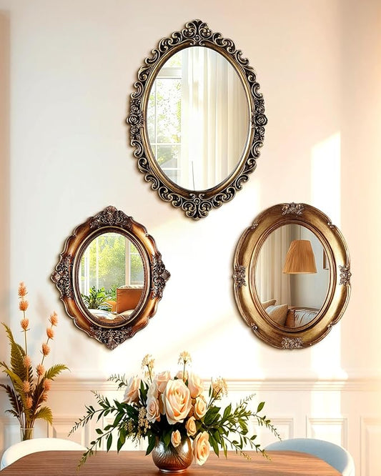 3 Styles Vintage Gold Mirror Set Wall Decorative, Vintage Wall Mirror Antique Hanging and Tabletop with Stand for Living Room Bedroom Dresser, Classic Home Wedding Decor(Retro Style)
