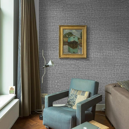 WADILE Grasscloth Peel and Stick Wallpaper 23.6in x 118in, Textured Contact Paper for Cabinets, Faux Linen Wall Paper Pull and Stick, Fabric Vinyl Wallpaper Self Adhesive Dark Gray