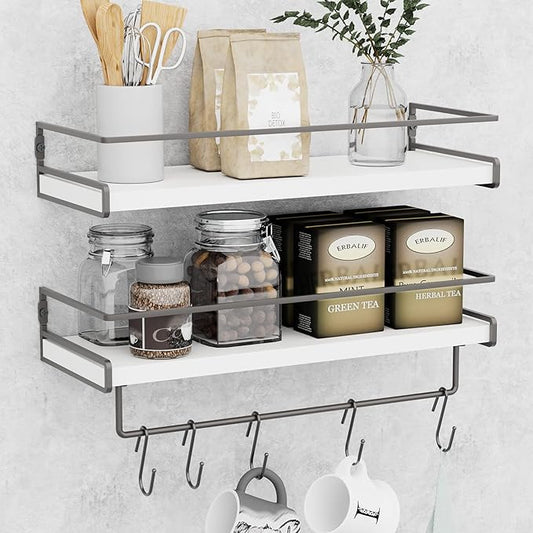 Wall Decor Floating Shelves, Home Decor with Towel Bar/Hooks, Wall Shelves for Bathroom/Living Room/Kitchen/Bedroom, (Black-White) Floating Bathroom Shelves