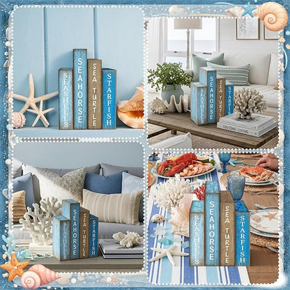 4 Pcs Summer Table Decoration Wooden Book Coastal Beach Decoration Blue and White Summer Tiered Tray Decor Wood Book Sign Farmhouse for Ocean Party Home Shelf Coffee Table