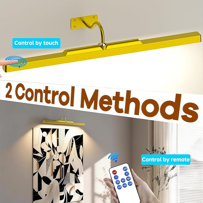 Gallery Picture Light, 6000mAh Gold Rechargeable Cordless Art Wall Sconce,Wireless Battery Remote Dimmable with Time Setting Lighting for Portrait Museum(24 in, 2 Pack)