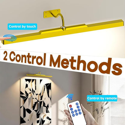 Gallery Picture Light, 6000mAh Gold Rechargeable Cordless Art Wall Sconce,Wireless Battery Remote Dimmable with Time Setting Lighting for Portrait Museum(24 in, 2 Pack)