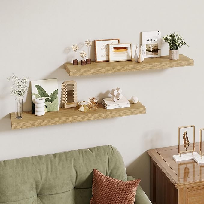 36 Inch Floating Shelves | 6.5 Inch Deep Oak Floating Shelves Set of 2 | 36