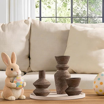 Ceramic Vase Home Table Decor - Brown Flower Vase Set of 3 Living Room Kitchen Decorations Farmhouse Modern Rustic Vases Decorative Centerpiece for Shelf Bedroom Office Bathroom Dining Coffee Desk