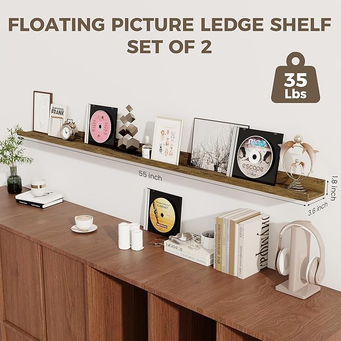 Axeman Floating Shelves | Picture Ledge Shelf Set of 2 | Rustic Brown Wall Shelves with Lip | Brown Picture Shelf for Wall with Ledge | Photo Ledges 55 Inch