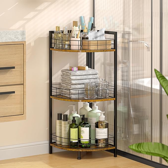 Bathroom Standing Shelf, 3 Tier Corner Stand, Free-Standing Shelf Units, Triangular Curved Corner Shelf Stand for Small Space, Ideal for Bathroom,Kitchen,Vanity Storage and Organizer