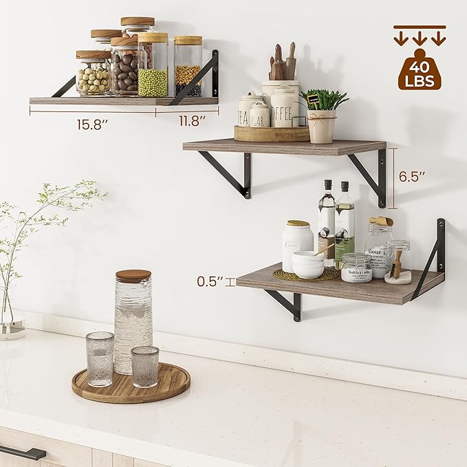 Heimlove Deep Floating Shelves for Wall, 12 Inch Deep Floating Shelves Set of 3, 16W x 12D Wood Wall Shelves, Wide Wood Shelves with Metal Bracket for Living Room, Kitchen, Office, Bedroom - Grey