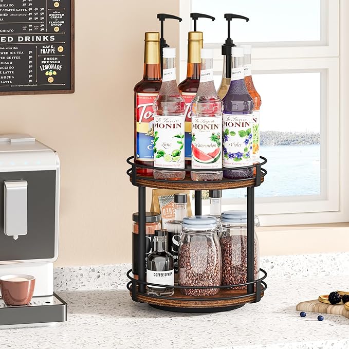 Snughome Rotating Spice Rack, 2 Tier Lazy Susan Organizer, Wood Kitchen Countertop Organizer, Brown Lazy Susan Turntable for Cabinet, 10.2