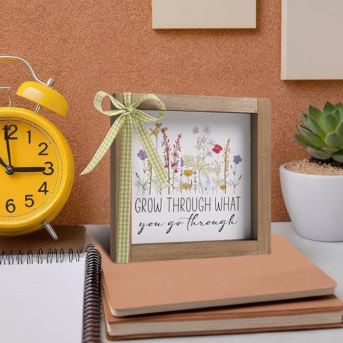 Grow Through What You Go Through Sign, 6 Inch Wooden Office Cubicle Decorations for Women, Boho Inspirational Desk Decor for Shelf Table Rustic Motivational Signs Wildflower Decorations