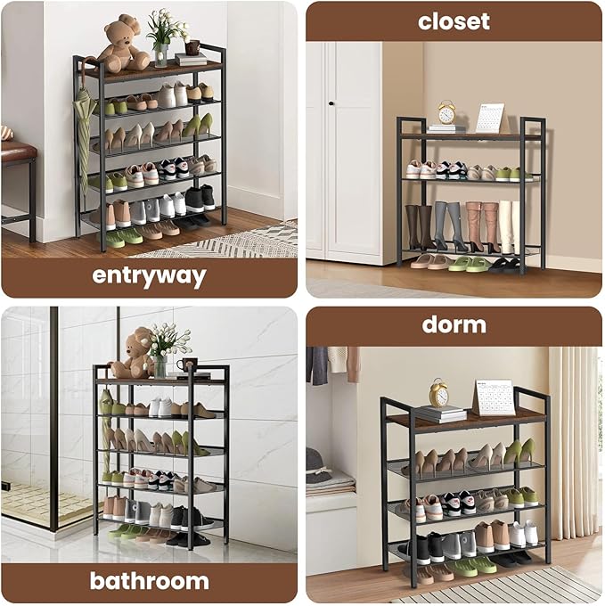 4 Tier Shoe Rack for Entryway, Metal Shoe Rack Heavy Duty with Wooden Top & Adjustable Mesh Shelves, Shoe Storage Organizer for Front Door Entrance/Closet/Bedroom/Dorm/Garage
