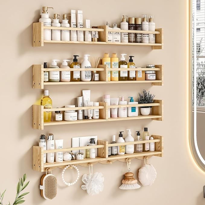 34Inch Nursery Bookshelves,Set of 4,Wall Floating Shelf Kids Coat Rack with 6Hooks,Hanging Book Shelf for Baby Nursery Room Décor， Patent Number: 29958098(Burlywood, 34)