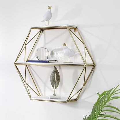 Geometric Decorative Wall Shelf with Gold Finish – 3-Tier Metal & Wood Home Decor Floating Display Shelf – Modern Wall Shelves for Bathroom, Bedroom & Living Room – 24"