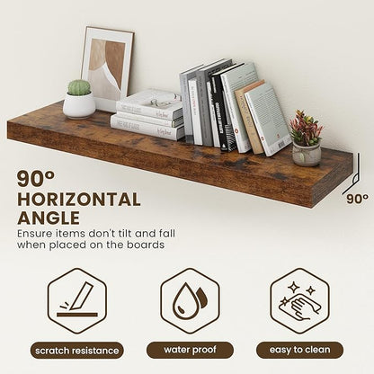 48 Inch Floating Shelves | 12 Inch Deep Floating Shelves Set of 2 | 48" W x 12" D Rustic Brown Wood Wall Shelves for Bathroom Living Room Kitchen Laundry Room