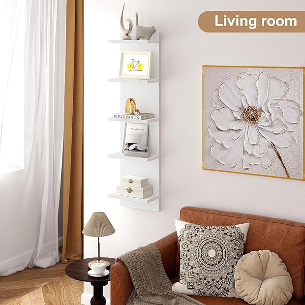 Fun Memories 5-Tier Wall Shelf Unit, 48" Tall Floating Storage Organizer for Bedroom, Living Room, and Home Decor, White Vertical Shelving Unit