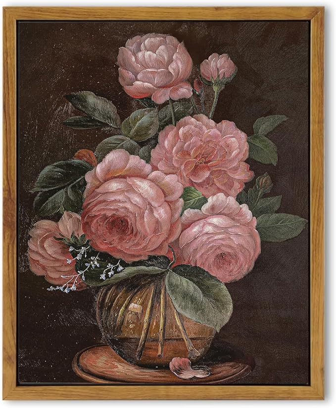 SHENIFY Vintage Flower Framed Canvas Wall Art Peony Classic Painting Modern Kitchen Bathroom Office Decor - 8x10in Natural Framed