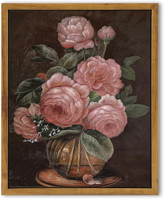 SHENIFY Vintage Flower Framed Canvas Wall Art Peony Classic Painting Modern Kitchen Bathroom Office Decor - 8x10in Natural Framed