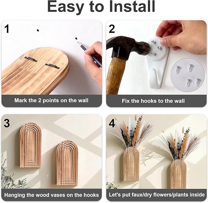 DREAMLOOM 2 Pack Wooden Wall Vases with Dried Pampas Grass and Eucalyptus Plants, Wall Hanging Planters Boho Modern Farmhouse Indoor for Narrow Spaces Entryway Bathroom Home Office Decoration, Retro