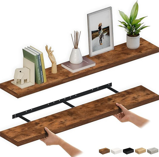Ballucci Floating Shelves for Wall, 60" Wood Wall Shelf Set of 2, with Invisible Brackets for Bathroom, Living Room, Bedroom, Kitchen, Nursery, 8" Deep, Rustic Brown