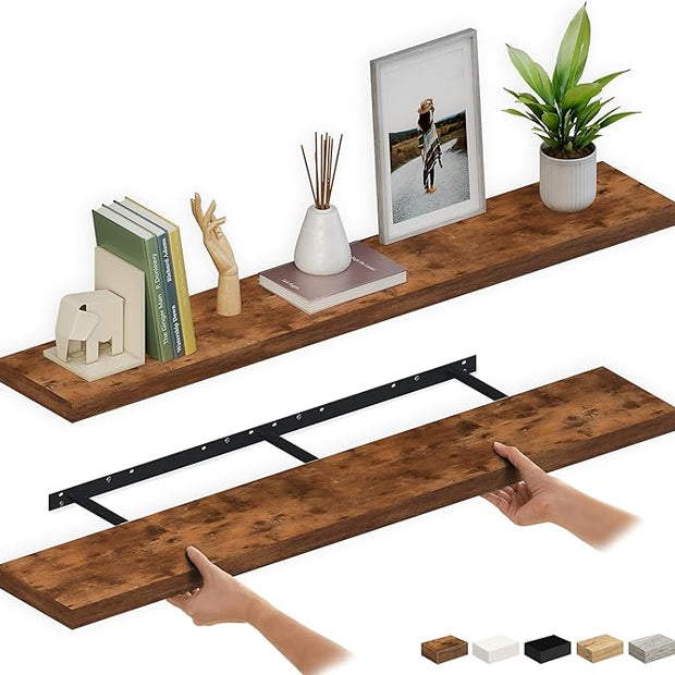 Ballucci Floating Shelves for Wall, 60" Wood Wall Shelf Set of 2, with Invisible Brackets for Bathroom, Living Room, Bedroom, Kitchen, Nursery, 8" Deep, Rustic Brown