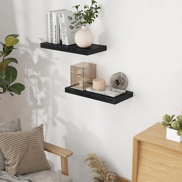 Fun Memories 16 Inch Long Floating Shelves in Black, 9.3 Inch Deep Floating Shelf for Wall, Living Room, Kitchen, Rustic Deep Wood Shelves for Bathroom, 2 Pack Storage Display Shelf for Books, Decor