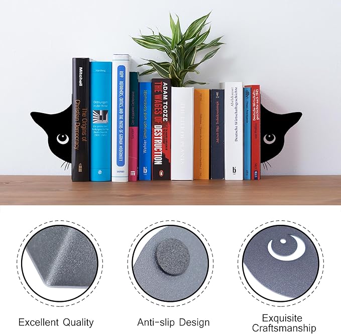 Bookends Metal Cat Book Ends, 1 Pairs Cute Bookends for Shelves Decorative for Home Office Desk Bookshelf Decor (Black, Half-face)