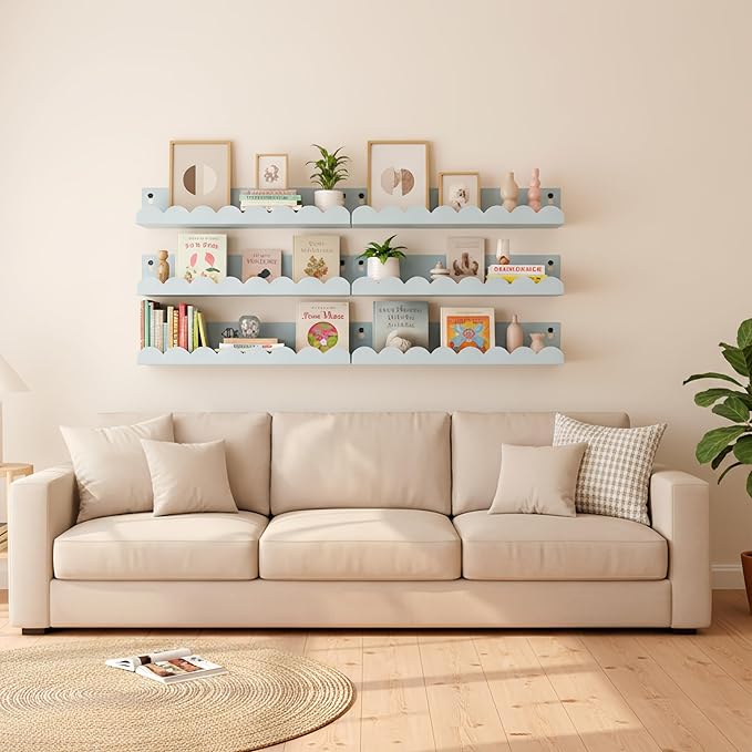 Nursery Book Shelves Set of 6, Blue Metal Floating Shelves for Wall, 16 Inch Scalloped Book Shelf for Kids Room, Bathroom, Bedroom, Playroom Wall Decor & Storage