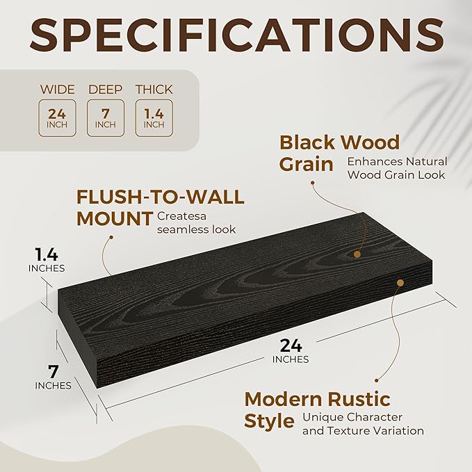 Dreamland 24 Inch Long Floating Shelves in Black,6.7 Inch Deep Floating Shelf for Wall,Large Display & Storage Shelf, Wall Shelf for Bathroom Bedroom Living Room Kitchen Office，Set of 2