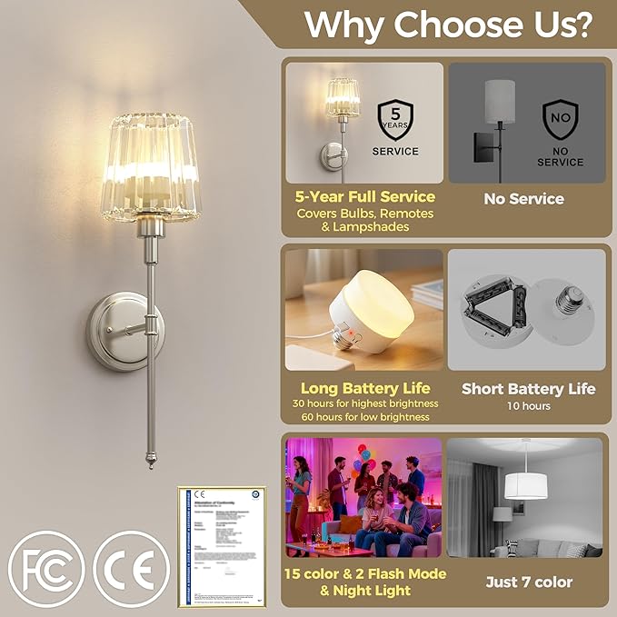 DORESshop Battery Operated Wall Sconce Set of 2, Wireless Wall Light, 15 Color Rechargeable Wall Sconces, Sconce Wall Decor Set of 2 for Bedroom, Living Room, Nickel and Crystal, 24.6in