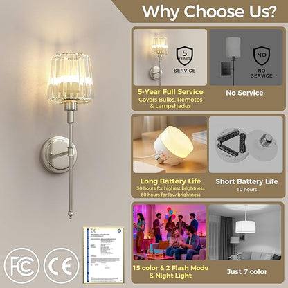 DORESshop Battery Operated Wall Sconce Set of 2, Wireless Wall Light, 15 Color Rechargeable Wall Sconces, Sconce Wall Decor Set of 2 for Bedroom, Living Room, Nickel and Crystal, 24.6in