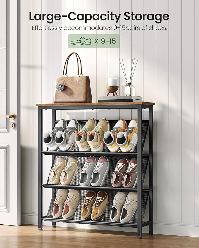 Shoe Rack, 4-Tier Slanted Shoe Storage Shelf, Narrow Shoe Rack for Entryway, Shoe Organizer with Adjustable Feet, Slim Shoe Shelf with Wooden Top and Metal Frame Rustic Brown and Black TXJ75BF