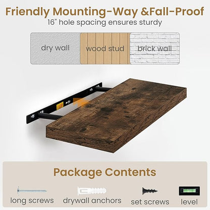 55 Inch Long Floating Shelves for Wall Set of 2, 55x9.3 Large Floating Shelf for Bedroom, Kitchen, Bathroom, Wall Mounted Rustic Wood Shelves with Invisible Bracket for Books, Decor, Rustic Brown